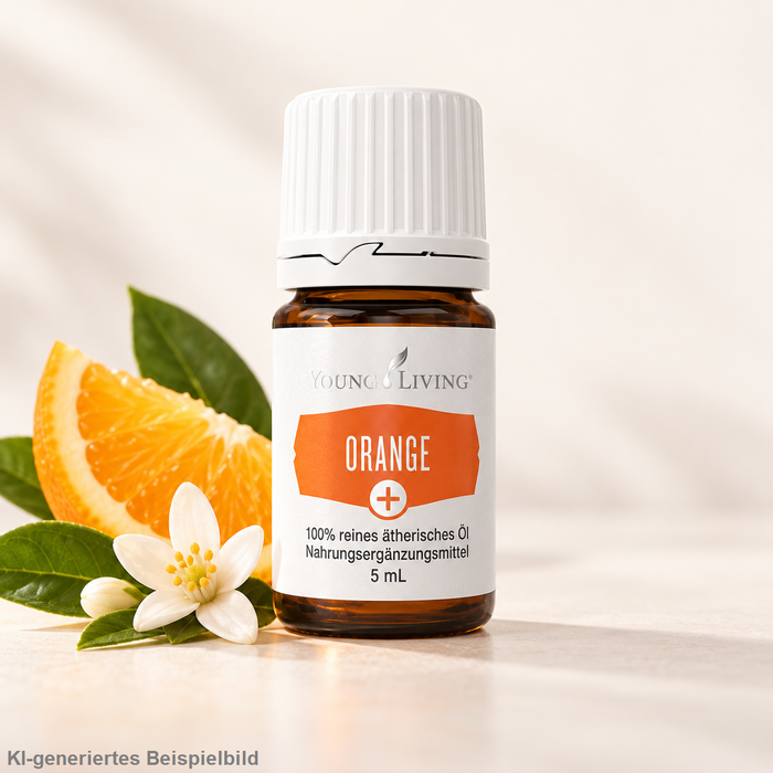 Young Living Orange ätherisches Öl 5 ml dekoriert mit Orangenschale und frischen Zitrusfrüchten auf einer hellen Marmorfläche.
