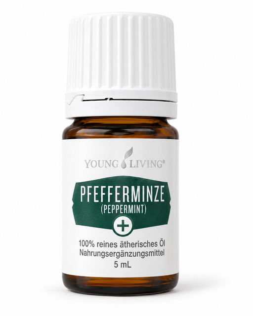 Young Living Pfefferminze+ ätherisches Öl 5 ml als freigestelltes Produktbild in brauner Glasflasche mit weißem Verschluss vor hellem Hintergrund.