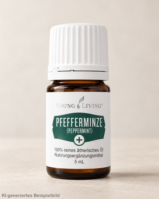 Young Living Pfefferminze+ ätherisches Öl 5 ml als Nahaufnahme in brauner Glasflasche mit weißem Verschluss vor hellem neutralem Hintergrund.