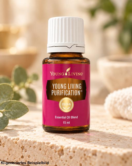 Young Living Purification Essential Oil Blend 15 ml in brauner Glasflasche mit weißem Verschluss auf hellem Naturstein in warmem Spa-Ambiente.