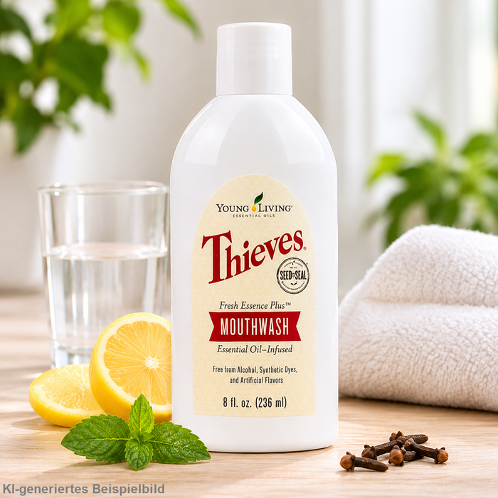 Young Living Thieves Fresh Essence Plus Mundspülung 236 ml in weißer Flasche mit cremefarbenem Originaletikett auf heller Holzoberfläche, umgeben von frischen Zitronen, grünen Minzblättern und Nelken, neben einem Glas mit klarer Flüssigkeit und weißem Handtuch im natürlichen Badezimmerambiente.
