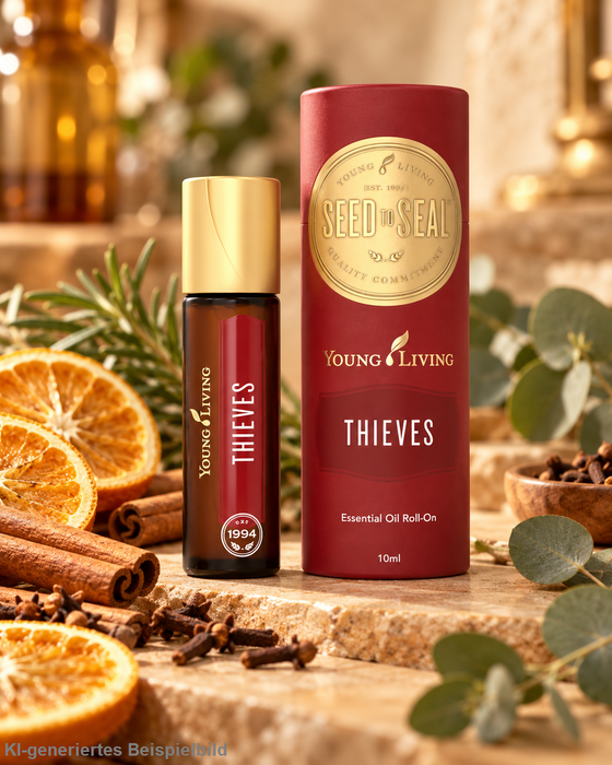 Young Living Thieves Essential Oil Roll-On 10 ml mit Originalverpackung, umgeben von getrockneten Orangenscheiben, Zimtstangen, Nelken, Rosmarin und Eukalyptus in warmer natürlicher Produktinszenierung.