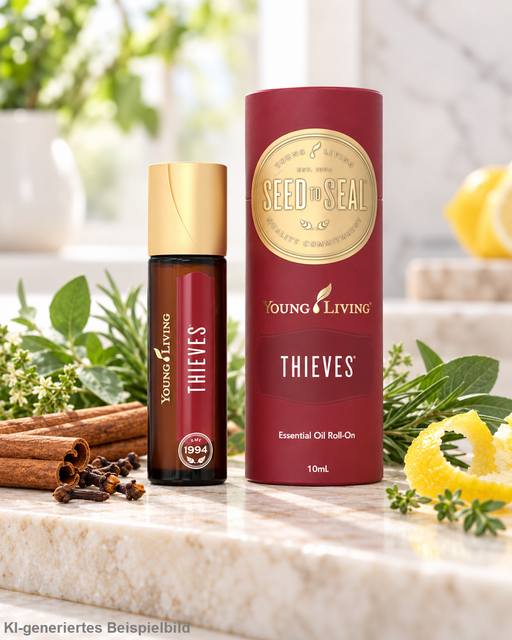 Young Living Thieves Essential Oil Roll-On 10 ml mit roter Originalverpackung, dekoriert mit Zitronenschale, Zimtstangen, Nelken, Rosmarin und frischen grünen Kräutern auf hellem Naturstein.