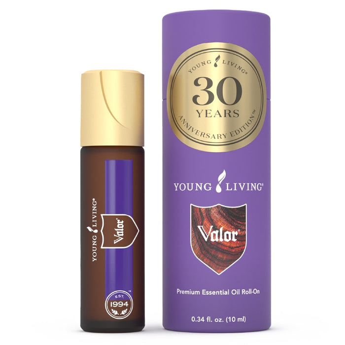 Young Living Valor Roll-On 10 ml der 30 Years Anniversary Edition mit braunem Roll-On-Fläschchen, goldenem Verschluss und violetter Jubiläumsverpackung.