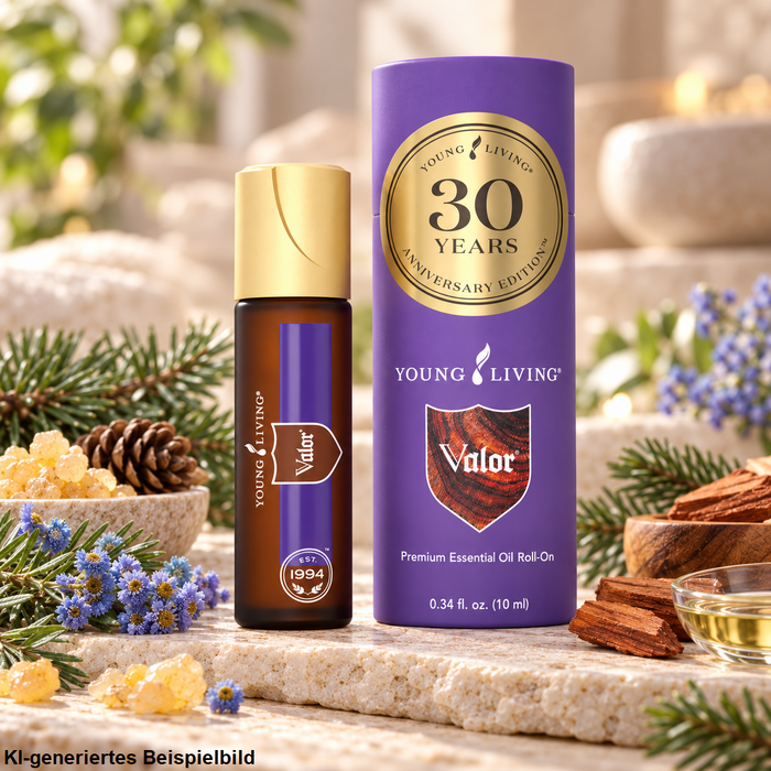Young Living Valor Roll-On 10 ml der 30 Years Anniversary Edition mit violetter Verpackung, dekoriert mit Schwarzfichte, Weihrauchharz, blauem Rainfarn und Rosenholz auf hellem Naturstein.