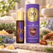 Young Living Valor Roll-On 10 ml der 30 Years Anniversary Edition mit violetter Verpackung, dekoriert mit Schwarzfichte, Weihrauchharz, blauem Rainfarn und Rosenholz auf hellem Naturstein.