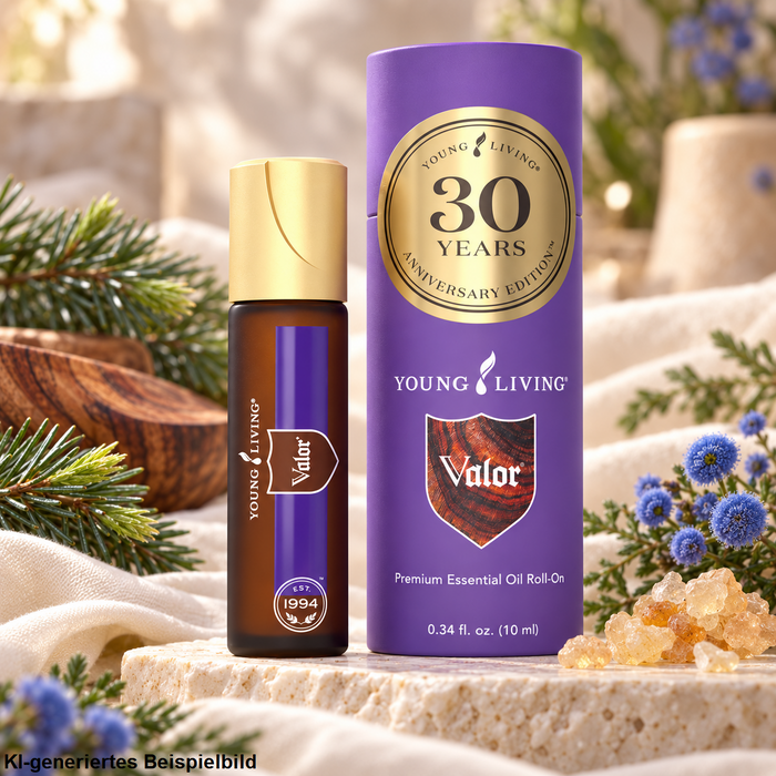 Young Living Valor Roll-On 10 ml der 30 Years Anniversary Edition, arrangiert mit Fichtenzweigen, blauem Rainfarn, Weihrauchharz und Rosenholz in einem hellen natürlichen Wellness-Ambiente.