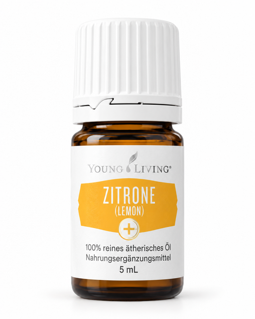 Young Living Zitrone ätherisches Öl 5 ml in brauner Glasflasche mit weißem Verschluss und gelbem Etikett vor hellem Hintergrund.