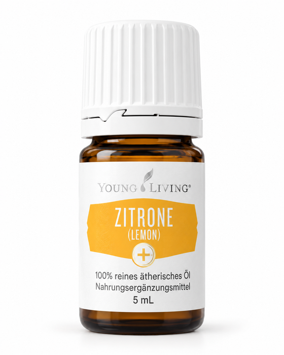 Young Living Zitrone ätherisches Öl 5 ml in brauner Glasflasche mit weißem Verschluss und gelbem Etikett vor hellem Hintergrund.