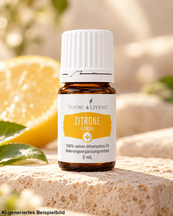 Young Living Zitrone ätherisches Öl 5 ml, dekoriert mit frischer Zitrone und grünen Blättern auf hellem Naturstein in warmem Licht.