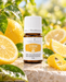 Young Living Zitrone ätherisches Öl 5 ml, dekoriert mit frischen Zitronenhälften, Zitronenscheiben, Zitronenschale und grünen Blättern auf hellem Naturstein.