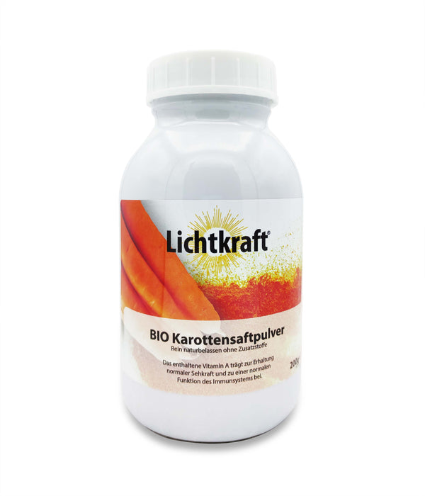 Lichtkraft Bio Karottensaftpulver 200 g in weißer Dose mit orangefarbenem Karottenmotiv und gut sichtbarem Produktetikett vor weißem Hintergrund.