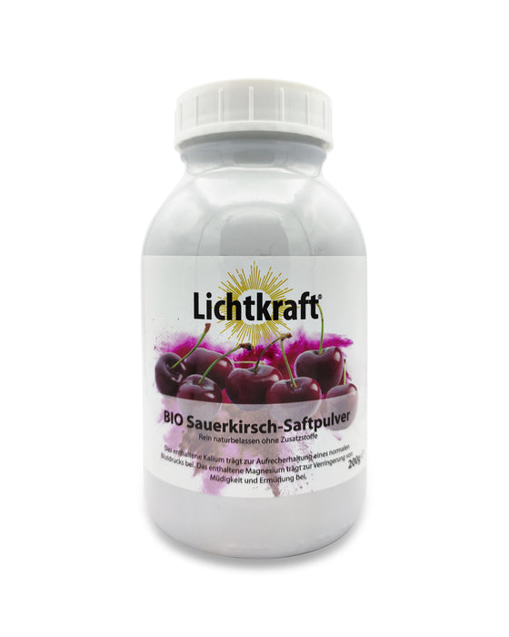 Lichtkraft Bio Sauerkirsch-Saftpulver 200 g in weißer Dose mit Sauerkirschmotiv und Produktetikett, freigestellt vor weißem Hintergrund.