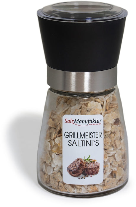 SalzManufaktur Siegsdorf Grillmeister Saltini's in einer großen, transparenten Gewürzmühle mit schwarzem Mahlwerk und Edelstahlring.