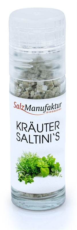 SalzManufaktur Siegsdorf Kräuter Saltini's in einer kleinen, transparenten Gewürzmühle mit weißem Mahlwerk und Kräuteretikett.