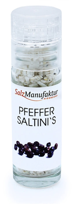 SalzManufaktur Siegsdorf Pfeffer Saltini's in einer kleinen, transparenten Gewürzmühle mit weißem Mahlwerk.