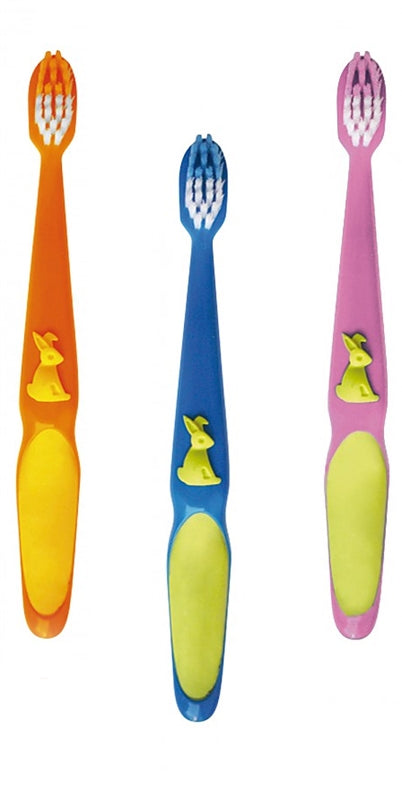 STUPS Kinderzahnbürsten in Orange, Blau und Rosa mit Hasenmotiv und farbigen Griffflächen