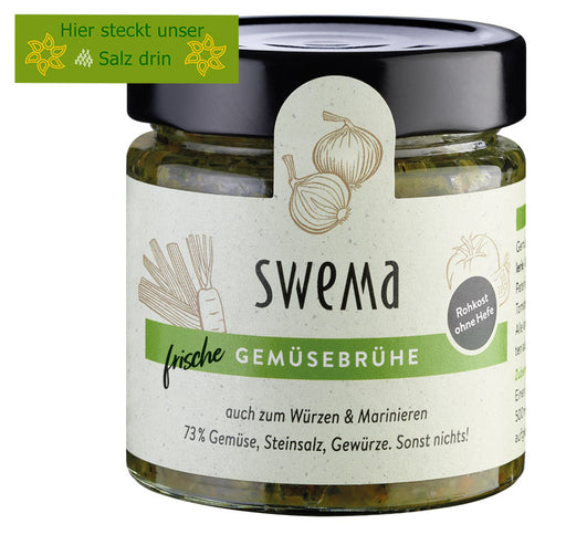 SWEMA Frische Gemüsebrühe 210 g im Glas mit schwarzem Schraubdeckel und naturfarbenem Etikett, 73 % Gemüse, Steinsalz und Gewürze, Rohkostqualität ohne Hefe, freigestellt vor weißem Hintergrund.